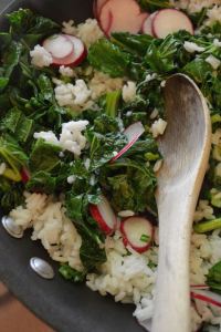 Adding the Rice and Radishes to the Greens